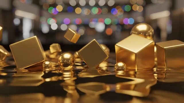 A collection of golden geometric shapes, including cubes and a sphere, are artfully arranged against a blurred background of colorful lights, creating a visually appealing and abstract composition
