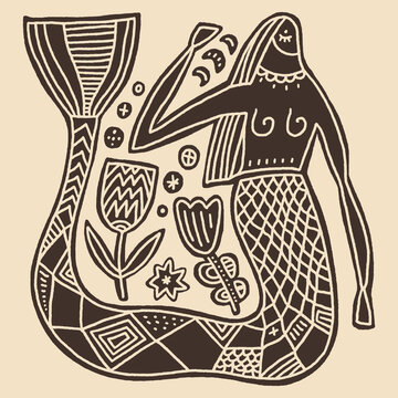 Linocut style illustration minimalist mermaid goddess, traditional folk art aesthetics, modern line work linocut engraving vector clipart. Perfect for mystical decor, nautical folklore books and more