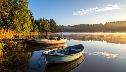 Obraz premium Two boats on calm lake sunrise
