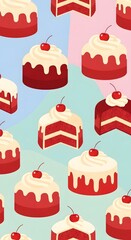 Red Velvet Cake Pattern Illustration with Cream Frosting and Cherry Topping on a Pastel Background