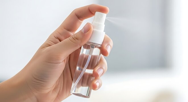 Hand holding a clear spray bottle, spraying liquid.