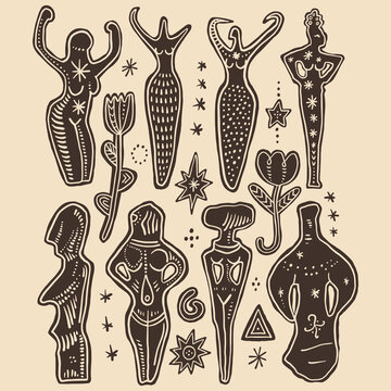 Minimalist Neolithic Mother Goddess, vector clip-art boho sacred feminine abstract figures in linocut engraving style, nature grounding illustration