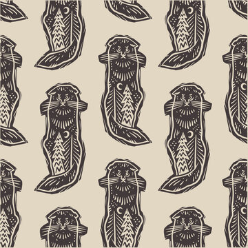 Slavic Folklore Cat Bayun Seamless Pattern Mystical Forest Spirit in Linocut Engraving Style Minimalist Folk Art Background Vector Clipart