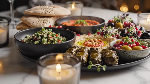 A beautifully arranged platter of various Middle Eastern dishes, including hummus, olives, dolma, and fresh salads, is presented on a marble surface, creating an inviting culinary experience