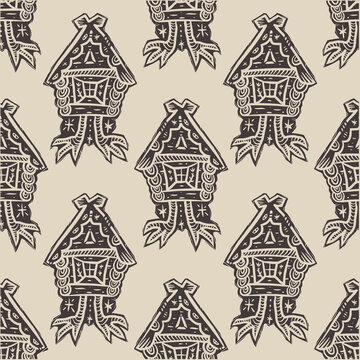 Slavic Folklore Seamless Pattern Baba Yaga Hut in Linocut Style Vector Clipart