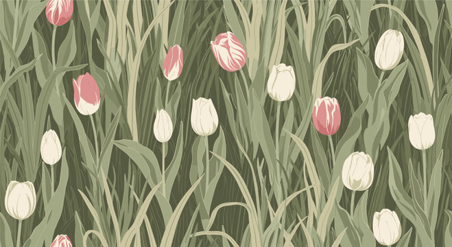 Vintage style seamless floral pattern featuring pink and white tulips growing in a dense field of tall green grass for a natural spring look.