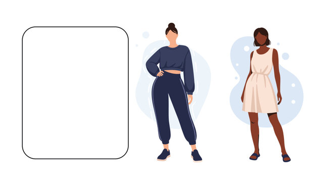 Illustration of two women standing side by side in different casual and formal outfits next to a blank white text box.