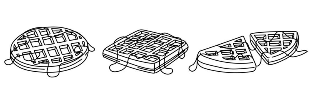 Flat contour illustration of waffle set including round, square and triangular shapes with syrup. Vector line art for coloring book, breakfast menu or bakery icon design. Isolated on white.