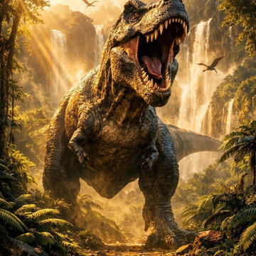 The king of dinosaurs dominates a sun-drenched prehistoric landscape filled with mist and cascading waterfalls.