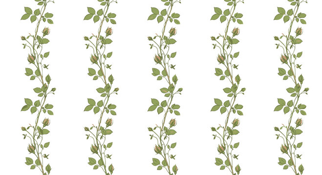 Delicate seamless pattern featuring vertical rows of climbing rose vines with green leaves and small pink flower buds.