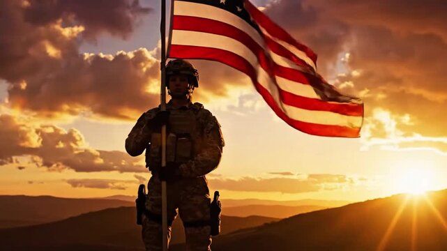 Dramatic silhouette of a courageous soldier grasping a flag on a mountain peak at dusk, reflecting national pride and honoring valiant service