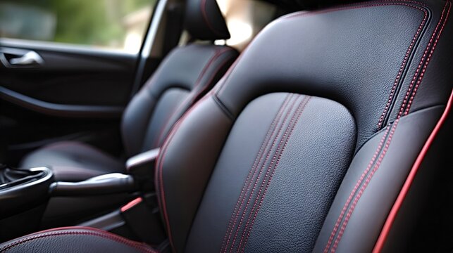 New car interior showcasing modern black leather seating with contrasting red stitching, highlighting detail, luxury, and quality automotive craftsmanship