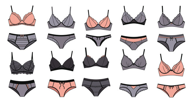 Collection of various women's underwear styles including different types of bras and panties in grey and pink colors.