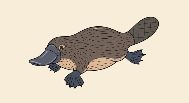 Charming illustration of a platypus swimming, showcasing its unique bill, webbed feet, and a thick beaver-like tail.