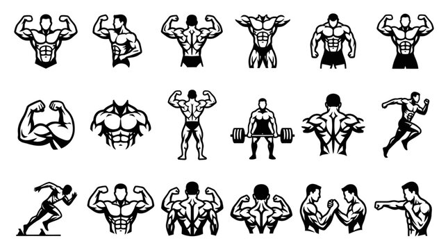 Fitness and Bodybuilding Men Poses Vector Line Art Icons Set - Gym and Athlete Glyph Illustrations