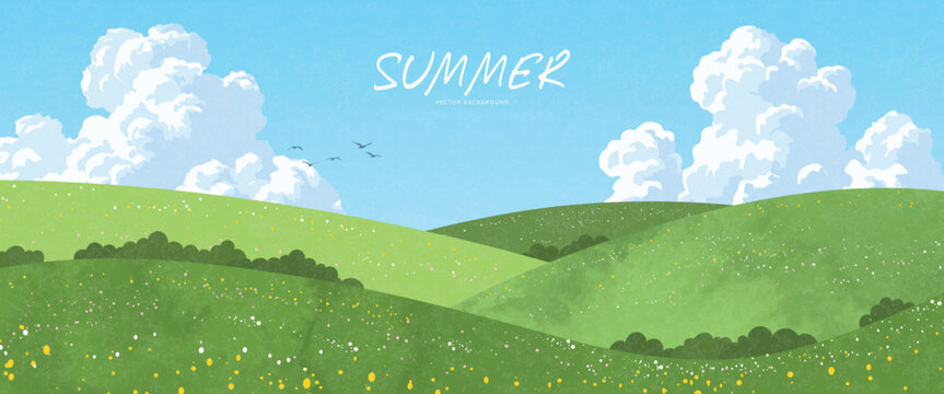 Summer landscape with green hills and meadow under blue sky with fluffy white clouds in flat grainy style for nature background, vector illustration