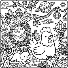 Bold and Easy Chicken Animal Coloring Page - Cozy Moment Farm Bird Line Art Vector for Adults and Kids © Rs