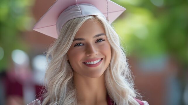 Young woman with platinum blonde hair wearing graduation cap portrait