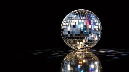 Obraz premium Disco ball reflecting vibrant colored lights across a dark reflective surface, sparkling with glitter and creating a dynamic, festive club atmosphere full of energy and glamour