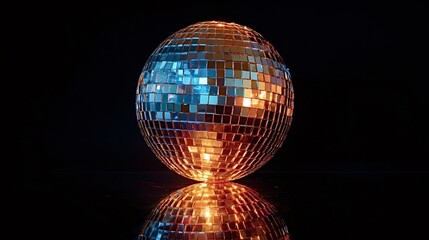 Obraz premium Disco ball reflecting vibrant blue and orange light, creating an energetic party atmosphere against a dark background with a clear reflection, symbolizing celebration and nightlife