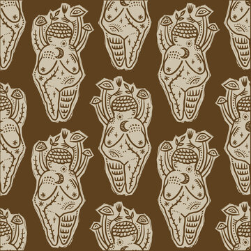 Venus of Willendorf Seamless Pattern Minimalist Folk Vector Art Paleolithic Goddess Ornament Clipart