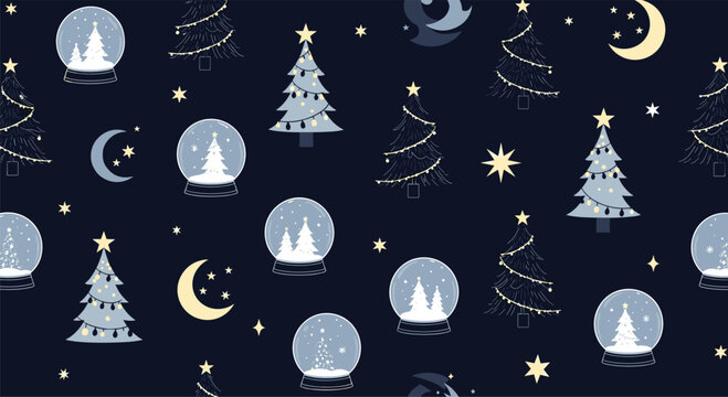 Seamless Christmas night pattern with decorated pine trees, glowing snow globes, crescent moons, and bright stars on a dark navy background.