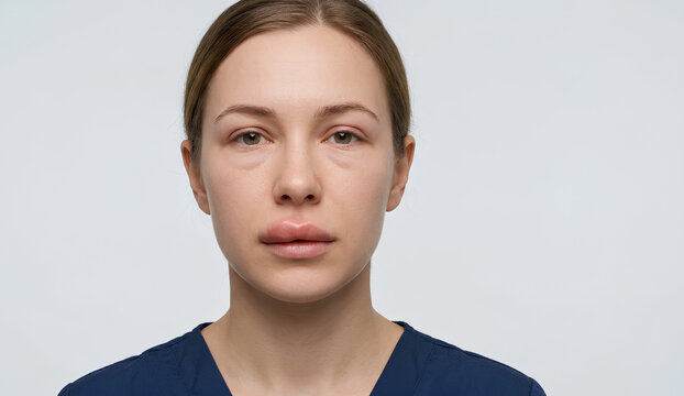 A frontal close-up photograph of a young adult woman with swollen lips showing symptoms of angioedema