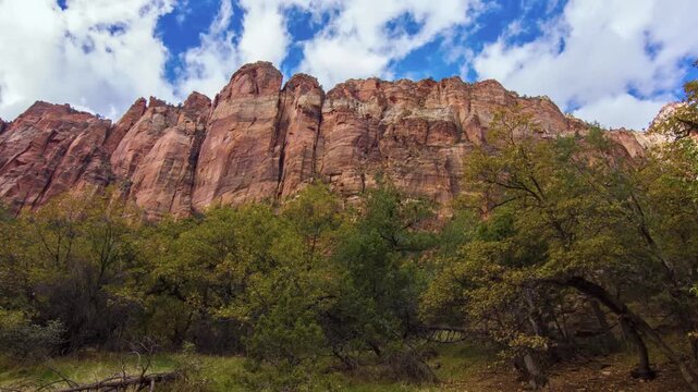 A low-angle, wide shot captures the majestic, towering red sandstone cliffs of Zion National Park, Utah, as seen from the scenic Sand Bench Horse Trail. The foreground is filled with lush green and ye