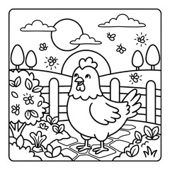Bold and Easy Chicken Animal Coloring Page - Cozy Moment Farm Bird Line Art Vector for Adults and Kids © Rs