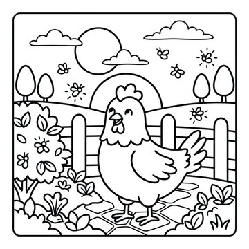 Bold and Easy Chicken Animal Coloring Page - Cozy Moment Farm Bird Line Art Vector for Adults and Kids
