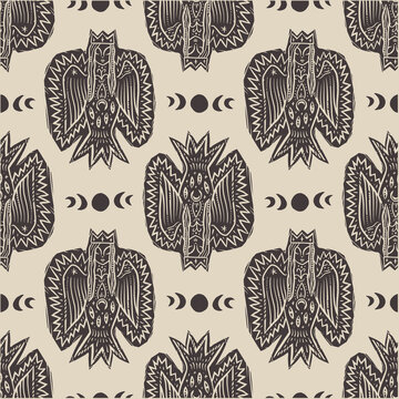 Slavic Mythology Seamless Pattern Sirin and Alkonost Bird Women in Linocut Engraving Style Vector Clipart Subject