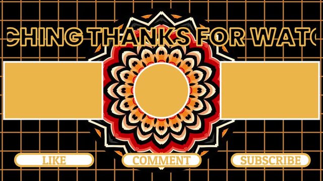 Creative channel end screen template with mandala pattern and grid background including placeholders for video channel and subscribe button
