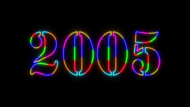 Abstract 2005 neon colourful text animation ,For neon colourful Glowing neon number text background 4k video animation .Digital font against a dark background with neon line looping animation.
