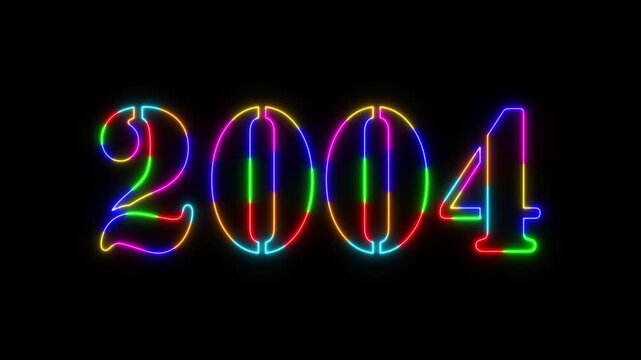 Abstract 2004 neon colourful text animation ,For neon colourful Glowing neon number text background 4k video animation .Digital font against a dark background with neon line looping animation.