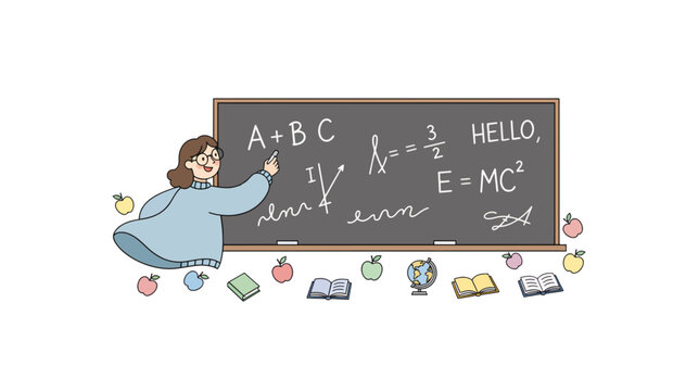 Female teacher writing math equations on chalkboard flat vector illustration. Education and science concept with books and apples. Isolated on transparent background