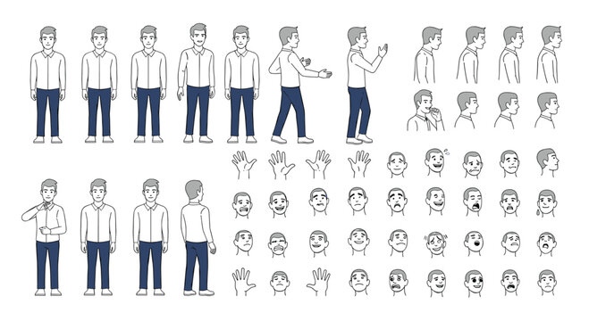 Comprehensive character design sheet of a man showing various standing poses different facial expressions and diverse hand gestures.