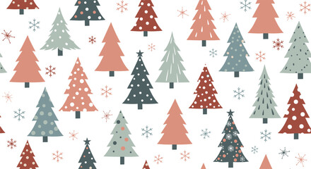 Obraz premium Seamless pattern with stylized Christmas trees in earth tones and delicate snowflakes on a clean white background for holiday wrapping paper.
