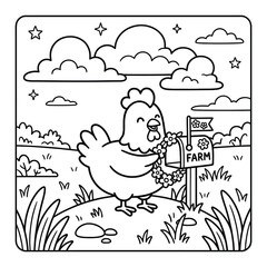 Bold and Easy Chicken Animal Coloring Page - Cozy Moment Farm Bird Line Art Vector for Adults and Kids © Rs