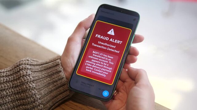 Smartphone screen showing bank fraud alert notification. Close-up of a hand holding a phone with a red fraud warning for an unauthorized transaction. Ideal for cybersecurity, digital crime, and