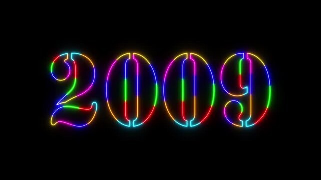 Abstract 2009 neon colourful text animation ,For neon colourful Glowing neon number text background 4k video animation .Digital font against a dark background with neon line looping animation.