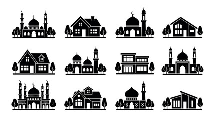 Naklejka premium Black and white image of various houses and mosques, creating a collection of architectural designs and housing concepts. The image showcases a range of structures