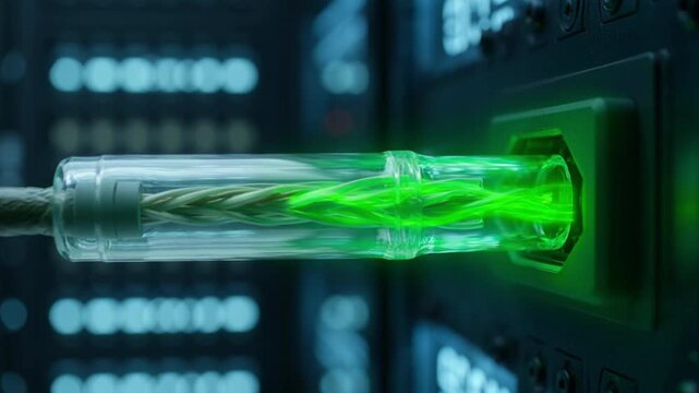 A green fiber optic cable connected to a network device in a data center.