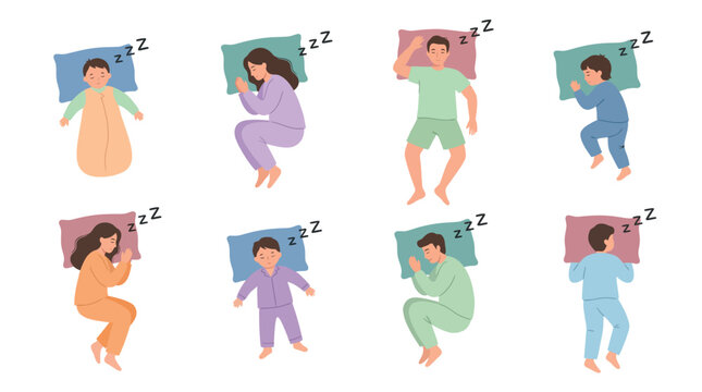 Diverse people in different sleeping positions with Zzz symbols above their heads, indicating they are in a deep sleep. Depicting a restful, peaceful, and intimate scene