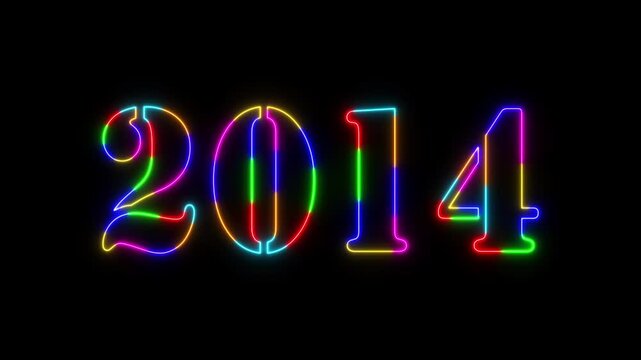 Abstract 2014 neon colourful text animation ,For neon colourful Glowing neon number text background 4k video animation .Digital font against a dark background with neon line looping animation.