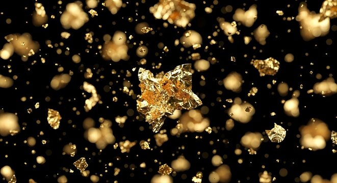 24k gold foil fragments floating in black atmosphere, gravity-free bokeh shimmer, ultra fine glitter abstract texture for premium luxury brand