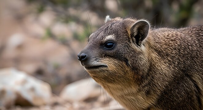 Close-up of a Rock Hyrax (Procavia capensis) with textured fur in a rocky, natural habitat.