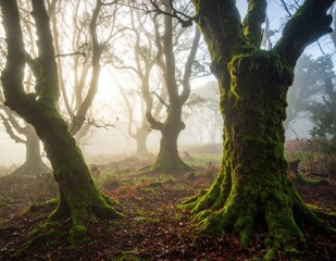 Fototapeta premium Ancient mossy trees in a misty forest at dawn, ethereal sunlight streaming through fog, atmospheric woodland scenery for nature background