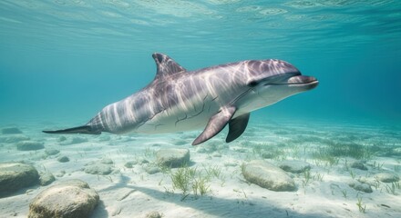 Fototapeta premium Lone Risso's Dolphin With Distinctive Scars Swimming Gracefully in Clear Tropical Waters Over Sandy Seabed