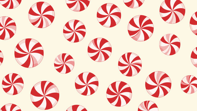 Festive pattern of red and white peppermint swirl candies randomly scattered across a light cream colored background.