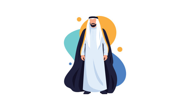 Man in traditional Arab attire wearing a white thobe and a long black cloak standing against an abstract background.